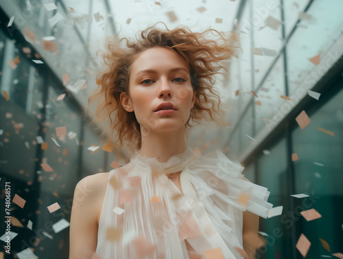 Portrait einer Frau in Konfettiwolke in einer Strassenschlucht, verträumt, entrückte Stimmung, Fashion Pose, Editorial Fashion Aufnahme