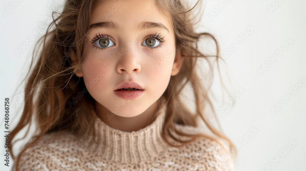 Retrato de una niña  con expresión sorpresa - obrazy, fototapety, plakaty 