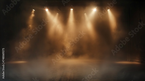 empty stage with smoke and yellow spotlights