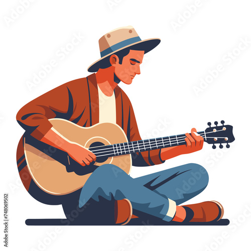 Musician man playing guitar acoustic vector illustration, male guitarist performing music, String instrument player design template isolated on white background