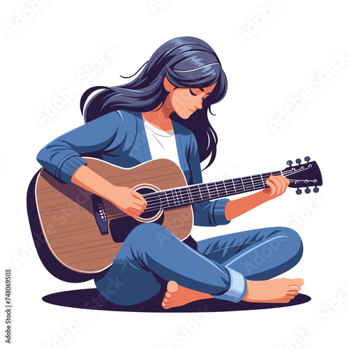 Musician woman playing guitar acoustic vector illustration, female guitarist performing music, String instrument player design template isolated on white background