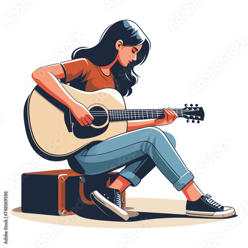 Musician woman playing guitar acoustic vector illustration, female guitarist performing music, String instrument player design template isolated on white background