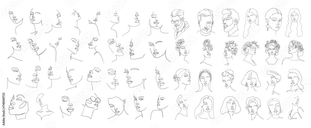 Big Set of abstract portrait in one line style. Woman beauty fashion concept. - Vector illustration