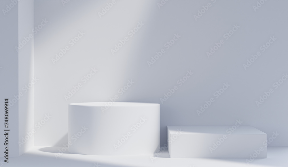 Step podium abstract white studio background for product presentation. Empty room with shadows and pedestal. friendly interior concept 3d render, backdrop and mockup, copy space, minimal concept, Step podium abstract white studio background for product presentation. Empty room with shadows and pedestal. friendly interior concept 3d render, backdrop and mockup, copy space, minimal concept,