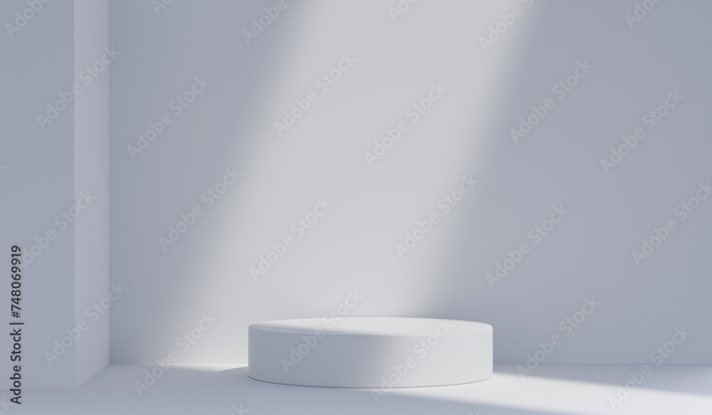 Fototapeta premium 3d render abstract white studio background for product presentation display scene with sunlight, pedestal cosmetic products. Luxury summer architecture interior aesthetic, Exhibition Podium, stand
