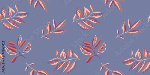 Colorful abstract tiny leaves stem seamless pattern. Vector hand drawn sketch. Minimalist creative leaf branches on a blue background printing. Collage template for designs, textile,