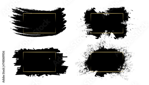 Set of different hand drawn ink brush strokes with gold frame. Gold frame on dirty artistic brush ink texture. Design element Stamp label for your text. Vector illustration
