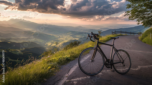 Isolated Racing Bike With Nobody On A Deserted Mountain Road. Beautiful Landscape And View. Bicycle Cylism Background