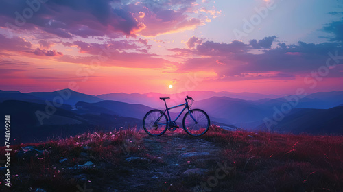 Isolated Racing Bike With Nobody On A Deserted Mountain With Sunset. Beautiful Landscape And View. Bicycle Cylism Background