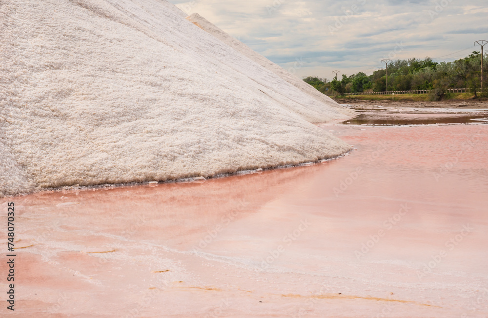 Salins d’Aigues-Mortes, Camargue, France. Europe's largest salt marshes Salin-de-Giraud, sea salt production. Pink salt marshes.