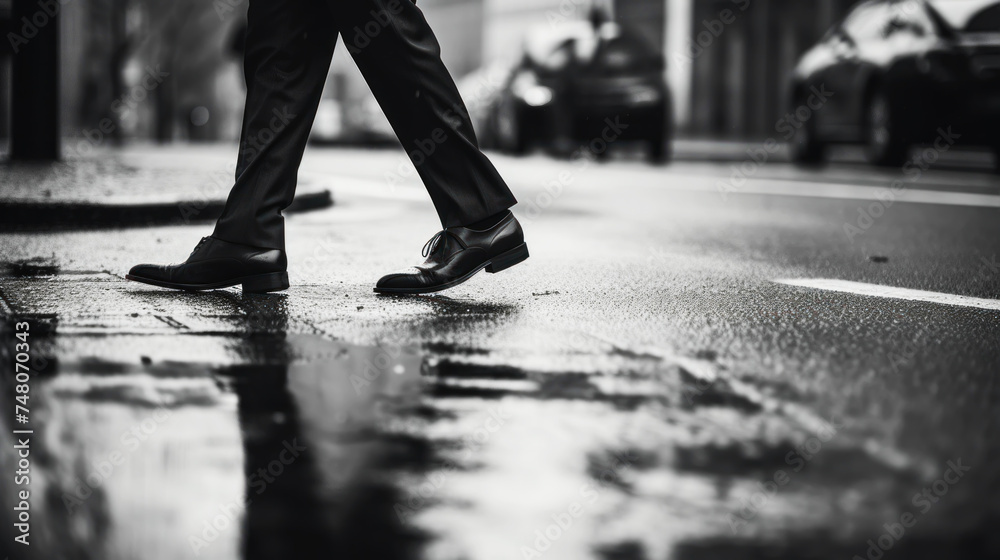 Fototapeta premium Street photo of the feet of a businessman walking down the road. Perfect dynamic action composition. Generative AI