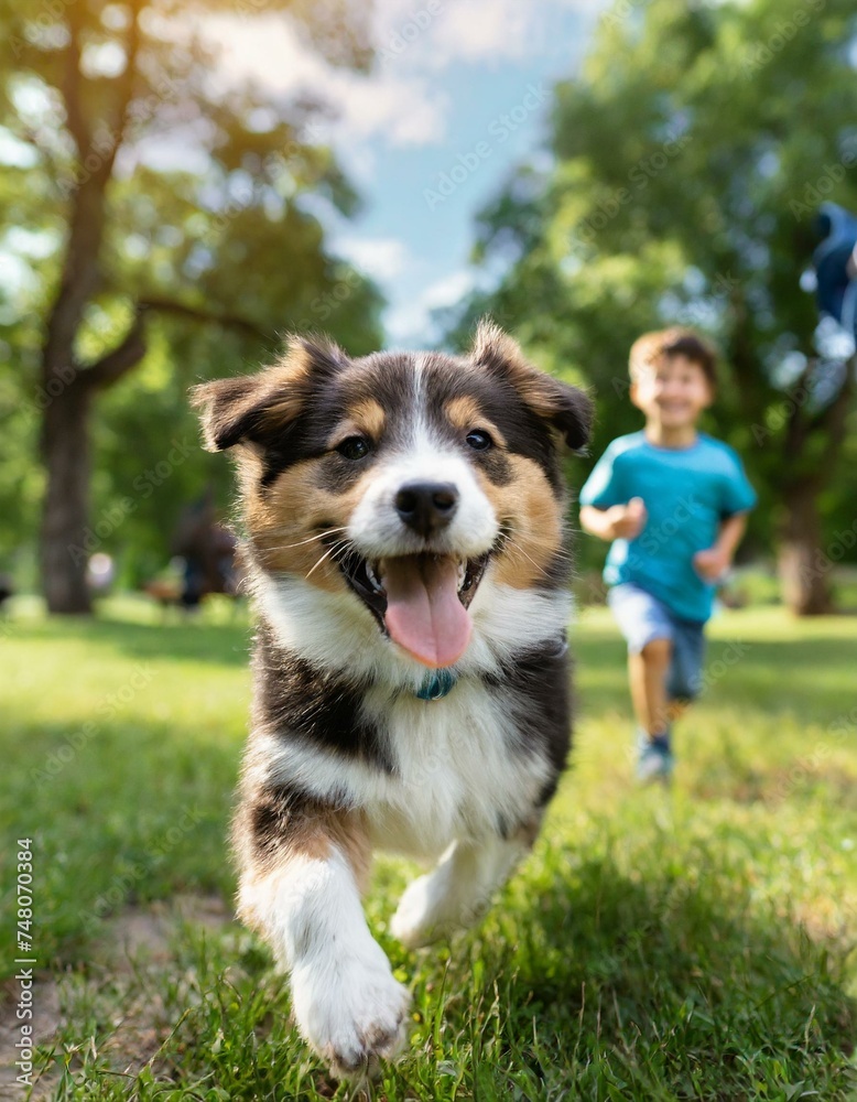 Cute and happy puppy running in a sunny park in the summer time, child chasing after smiling and joyful.