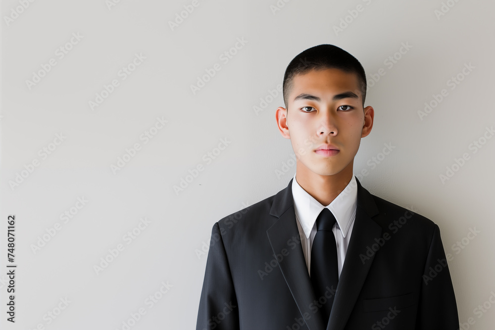 Young Asian businessman in a black suit against a light background