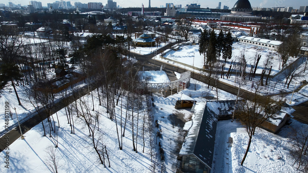 Fototapeta premium Top view of suburb with greenhouses on winter day. Creative. Suburban infrastructure on background of horizon with modern city. Agriculture and cottage settlement in suburbs on sunny winter day