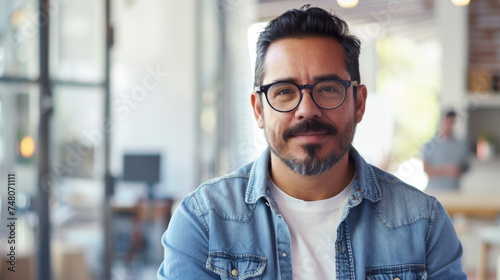 A poised man with glasses, wearing a casual denim shirt, gives a gentle, confident smile in a naturally lit office space.
