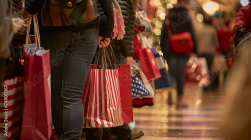 People bustling around balancing multiple shopping bags filled with items for their holiday gatherings as they search for the perfect patriotic touches. photo