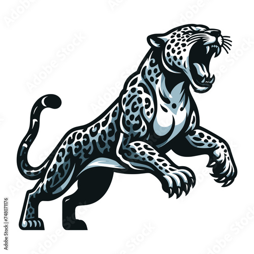 Wild roaring jaguar leopard full body vector illustration, zoology illustration, animal predator big cat design template isolated on white background © lartestudio