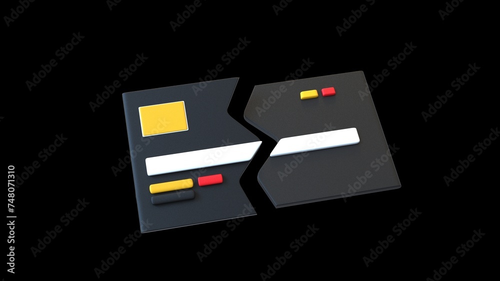 Broken credit card 3d render decline issue banking card unavailable problem isolated illustration
