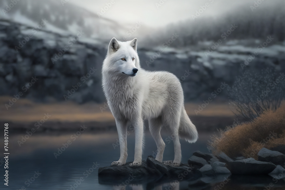 Obraz na plátně Portrait of a white arctic wolf in the snowy day in the mountain