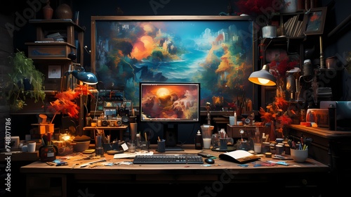 A top-down view of an artist's studio, with paints, brushes, and canvases scattered across the workspace, showcasing the creative process and the artist's tools, captured in high-definition detail © ASMAT