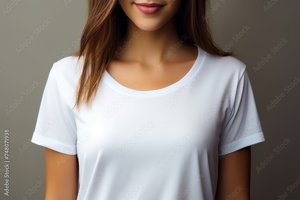 Front view of young woman wearing white blank t-shirt, mockup Front view of young woman wearing white blank t-shirt, mockup