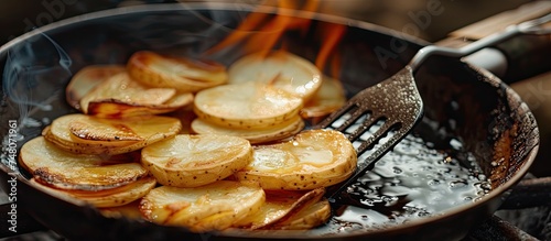 Sliced potatoes sizzling in hot oil on a frying pan outdoors. The potatoes are being fried until golden brown. Shallow depth of field with focus on the cooking process.