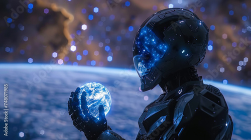 A high-tech robotic humanoid contemplates a holographically projected Earth against the cosmos