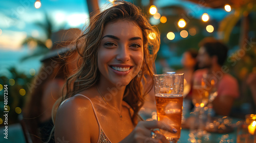 A joyful moment captured as friends toast with cocktails at a rooftop bar overlooking a cityscape photo