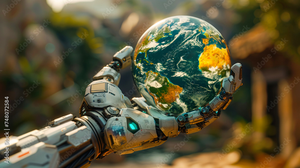 A silver robotic hand tenderly holds a globe showcasing a bright, sunlit Africa, conveying a sense of guardianship over nature