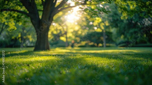 Sun rays piercing through trees on grass