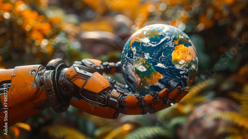 A vividly orange robotic arm with detailed mechanics embracing a miniature Earth with a natural backdrop