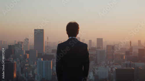 A man in a suit stands with his back to the camera  overlooking a vibrant city skyline at dusk.