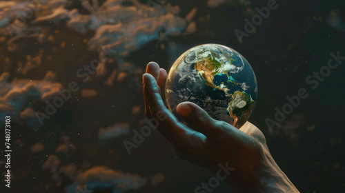 A thought-provoking image of a human hand gently holding a realistic Earth against a cosmic background