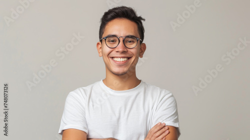 cheerful young man smiling at the camera with his arms crossed.