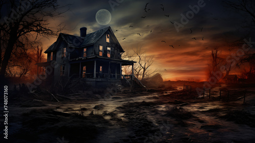 Haunted house: old, worn-down, abandoned home, creepy.