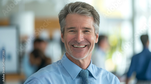 A smiling man in a smart casual shirt and glasses stands in a modern office setting, exuding confidence and professionalism.