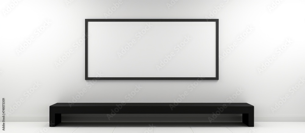 A white room featuring a sleek black shelf against one wall and a modern mirror on the opposite side. The space exudes simplicity and functionality with a clean design aesthetic. A white room featuring a sleek black shelf against one wall and a modern mirror on the opposite side. The space exudes simplicity and functionality with a clean design aesthetic.