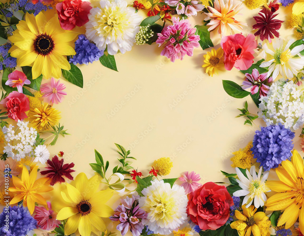 Moldura feita com flores variadas e coloridas e fundo na cor creme, com espaço para escrever.