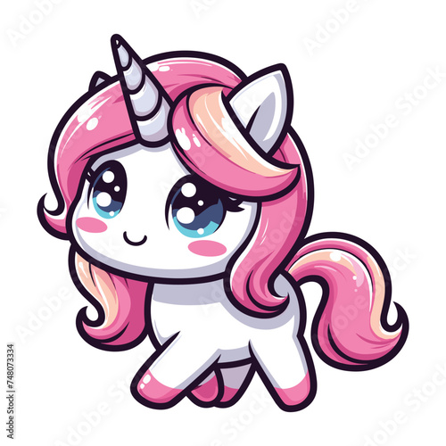 Cute unicorn cartoon character vector illustration, happy adorable magic unicorn with rainbow mane and tail design template isolated on white background