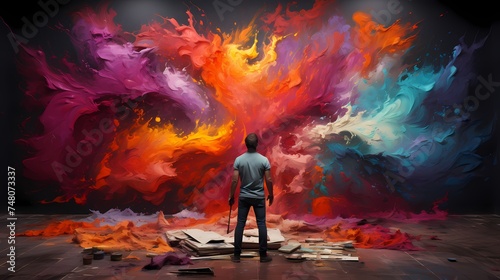 A visually striking image of a person creating a colorful abstract composition on a whiteboard, using bold brushstrokes and a variety of paint colors, resulting in a dynamic and expressive artwork