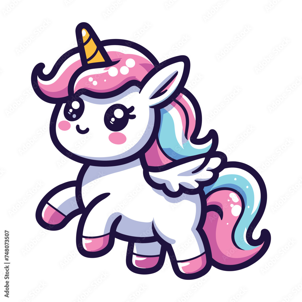 Cute unicorn cartoon character vector illustration, happy adorable magic unicorn with rainbow mane and tail design template isolated on white background Cute unicorn cartoon character vector illustration, happy adorable magic unicorn with rainbow mane and tail design template isolated on white background