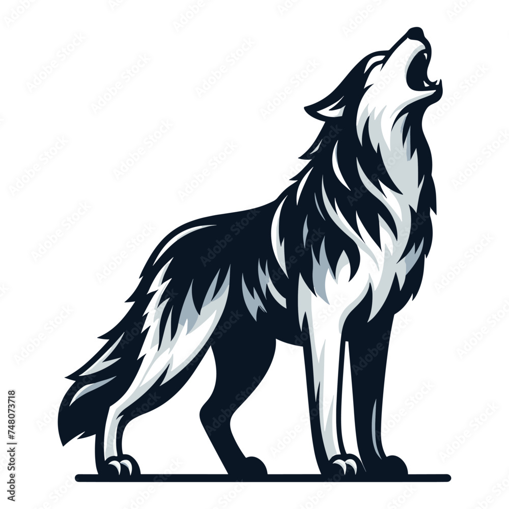 Wild howling wolf dog full body design vector illustration, animal wildlife template isolated on white background