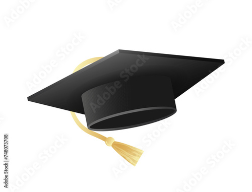 Academic graduate hat 3d realistic,dark color isolated on white background.Hand drawn.Flat style.Vector illustration