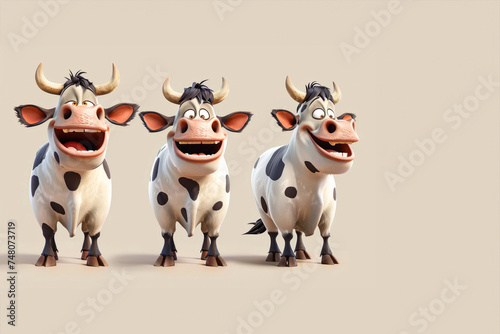 A cheerful cow mascot depicted in an animated style, standing against a white backdrop. With a joyful expression and vibrant colors, this mascot radiates happiness and positivity, for various projects © Nataliia_Trushchenko