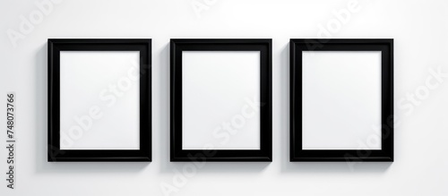 Three identical black frames are mounted on a white wall, creating a clean and minimalistic display. The frames are empty, waiting to showcase artwork or photographs.