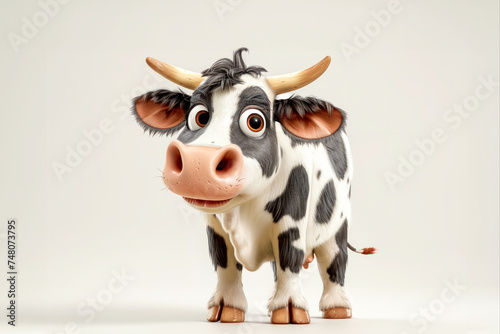A cheerful cow mascot depicted in an animated style, standing against a white backdrop. With a joyful expression and vibrant colors, this mascot radiates happiness and positivity, for various projects
