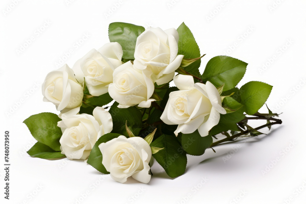 Bouquet of white roses with green leaves on white background.