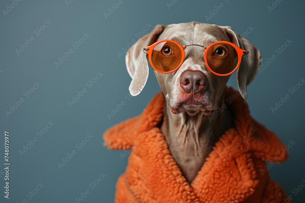 A front view portrait of a dog dressed fashion, set against a blue backdrop, accentuating its orange attire and fashionable lounge coat and sunglasses, reminiscent of the hip style of the era.