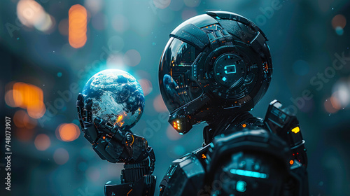 A futuristic AI robot holding a frosty Earth symbolizes reflection on environmental impacts in a modern, digital era