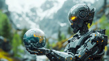 A futuristic robot with glowing eyes contemplatively holds the Earth, suggesting a deep connection between artificial intelligence and the planet